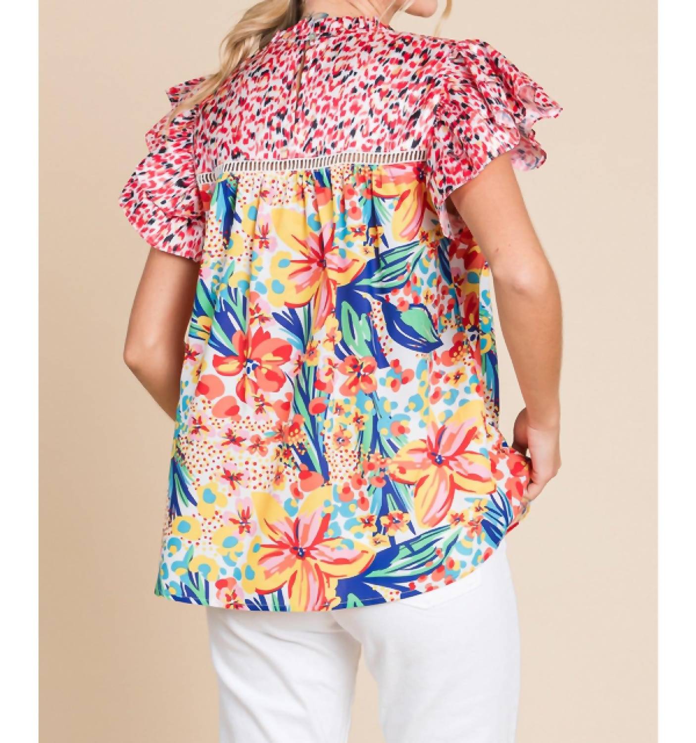 Jodifl - Floral Print Frilled Neck Ruffle Cap Sleeve Top