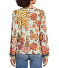 Johnny Was JANIE FAVORITE FLARE SLEEVE CREW NECK TEE in endora scarf 1 - women's long sleeve top - detail view