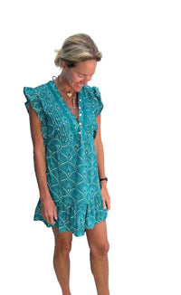 Perry Walker Riley Flutter Sleeve Mini Dress in teal - women's dress - alternate view