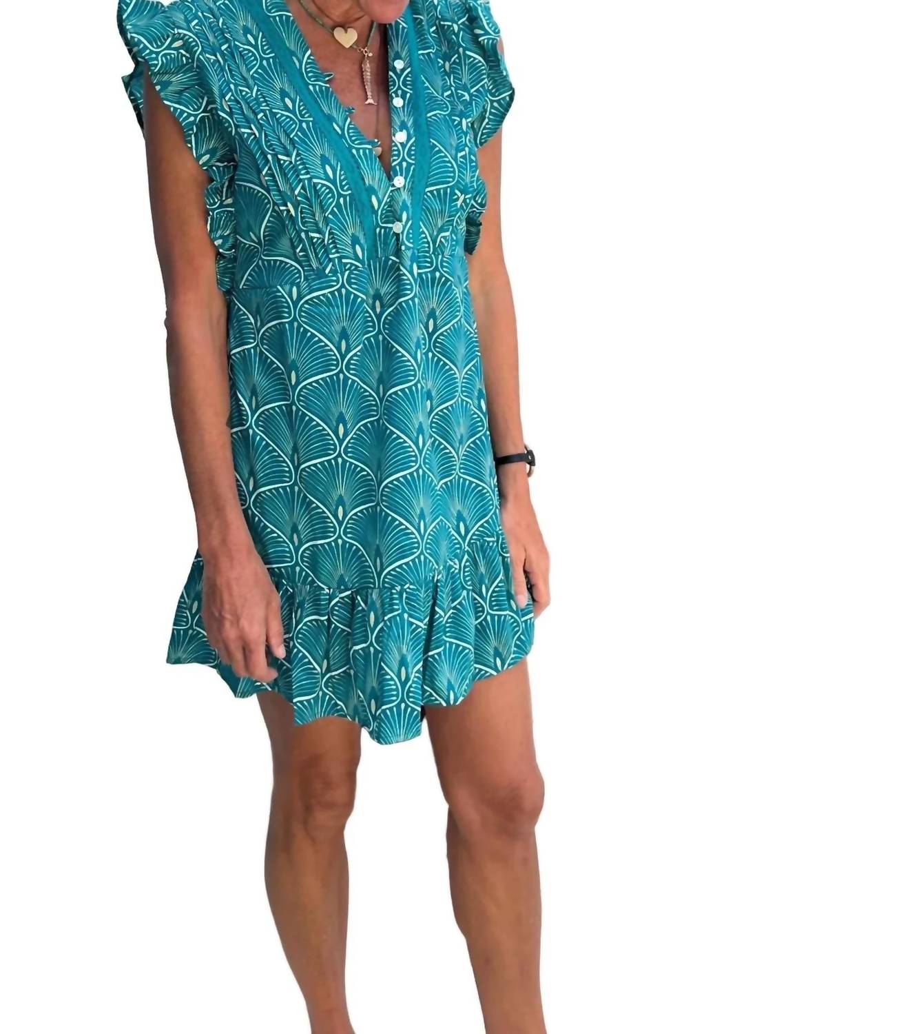 Perry Walker Riley Flutter Sleeve Mini Dress in teal - women's dress - detail view