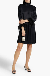 Sleeper - Party Feather Trimmed Satin Dress