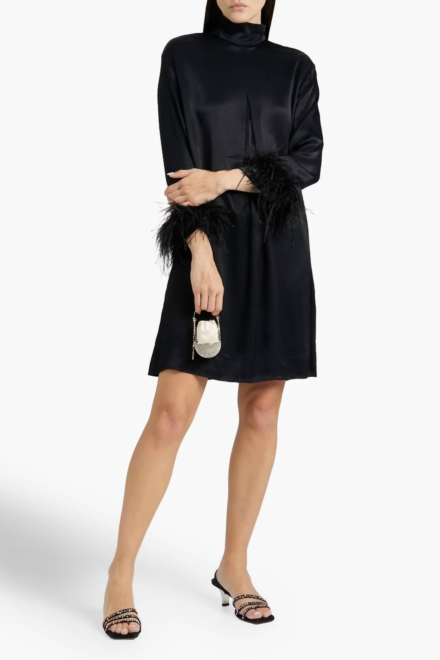 Sleeper - Party Feather Trimmed Satin Dress