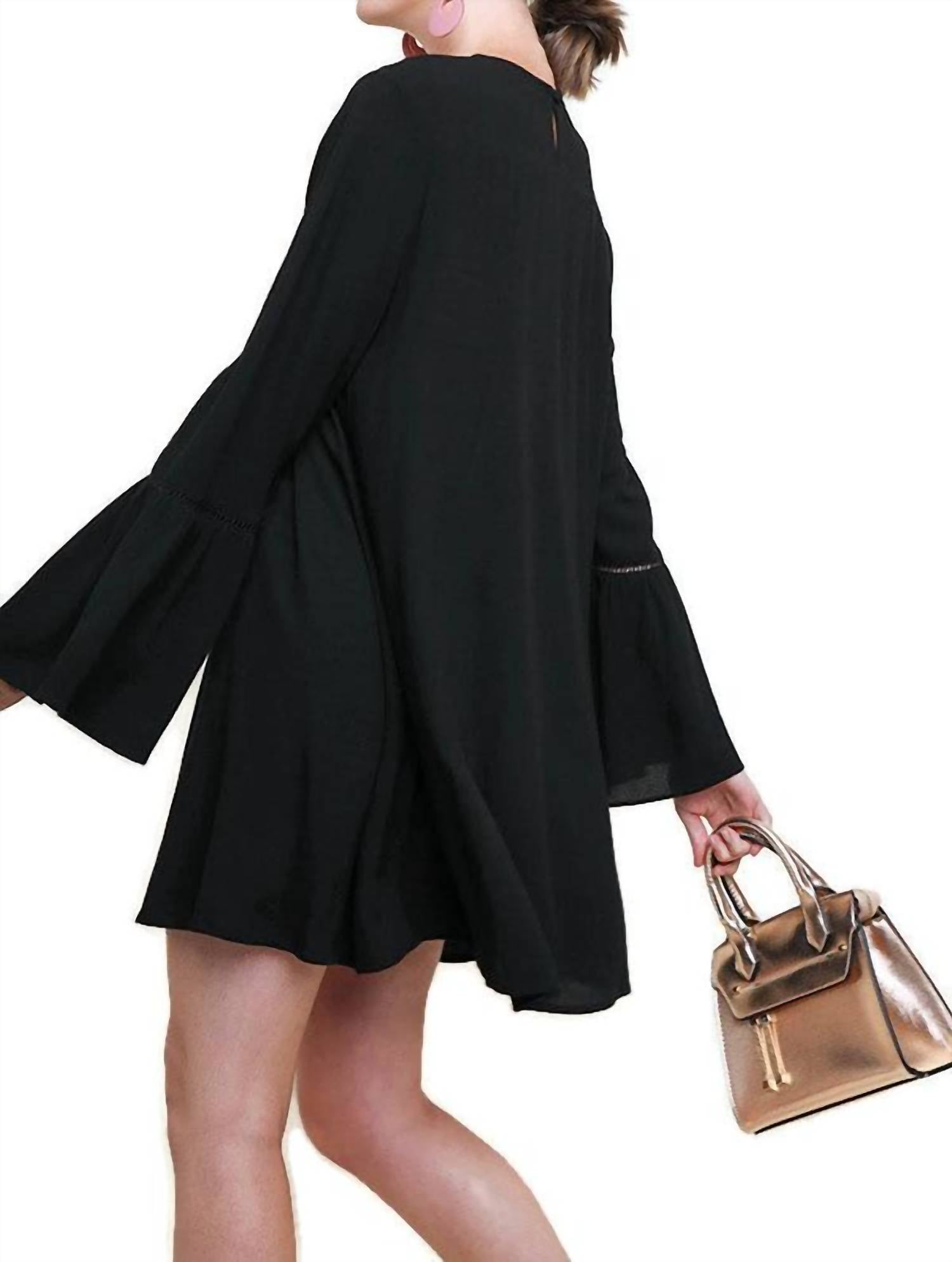 umgee Floral Embroidered Bell Sleeve Mini Dress in black - women's dress - detail view