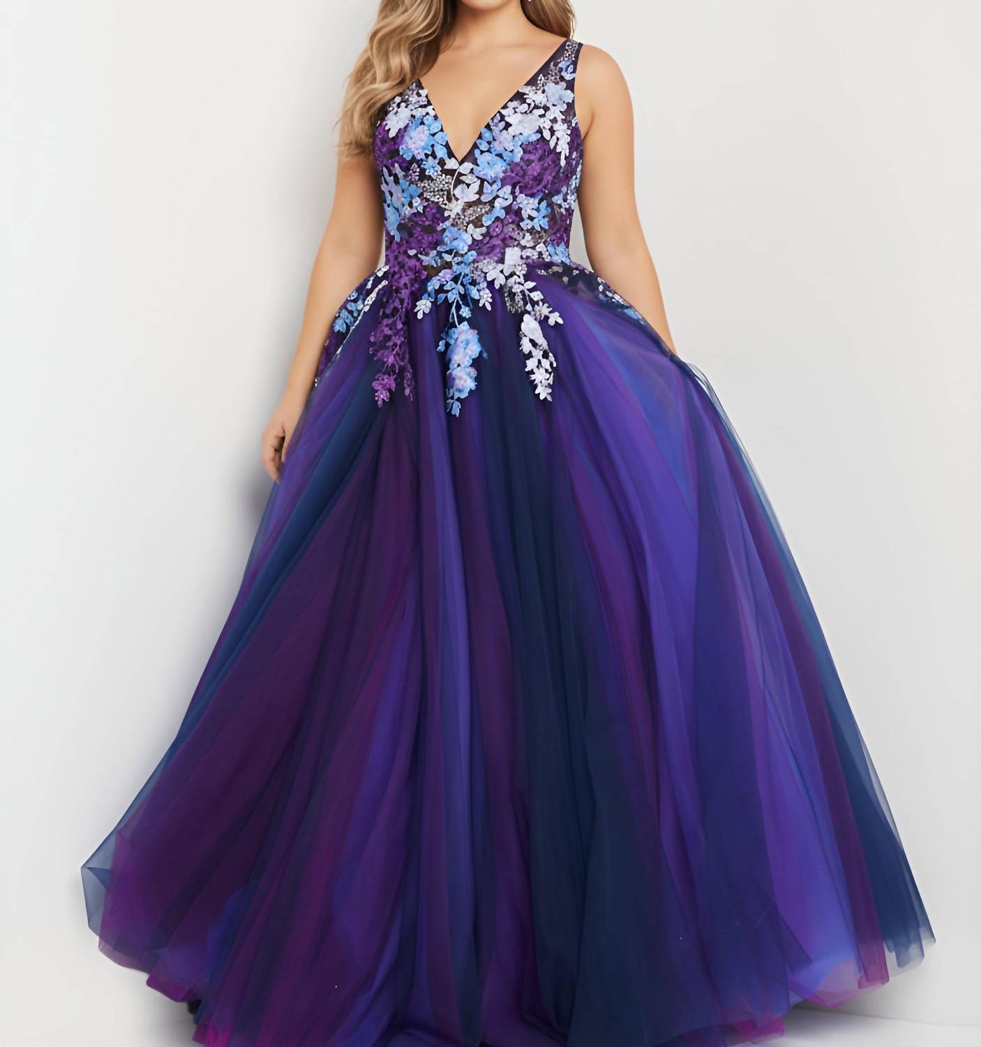 JOVANI Elegant Ball Gown With Floral Appliqué in navy multi - women's dress