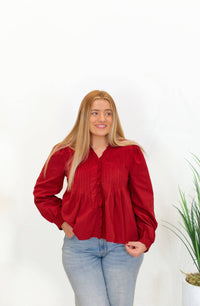 TCEC V-neck Ruffled Trim Hidden Button Down Blouse in crimson - women's blouse
