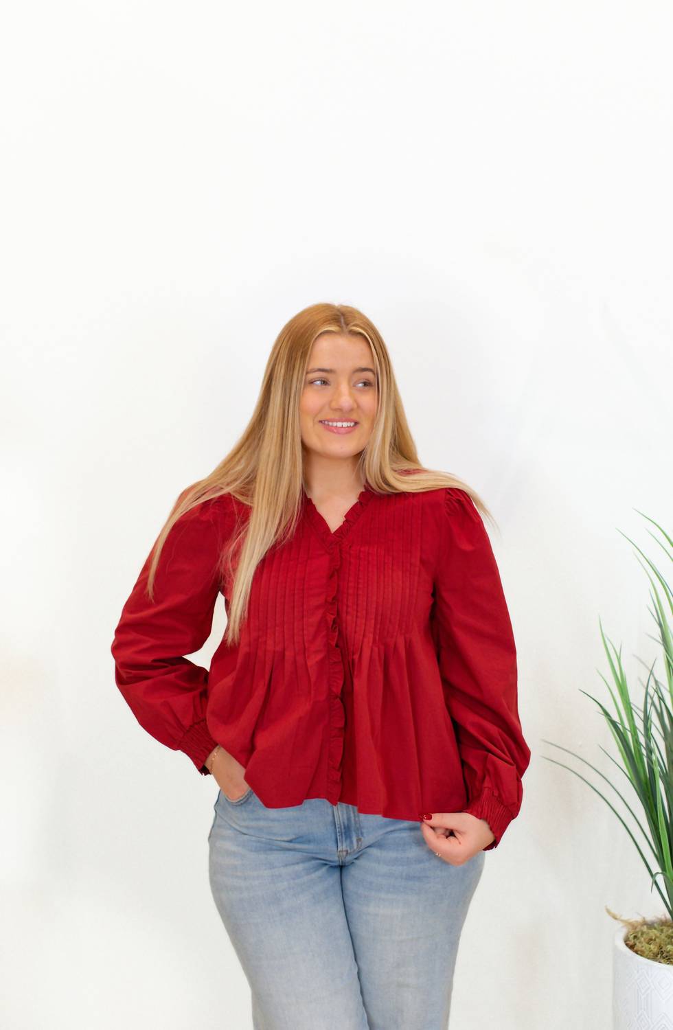 TCEC V-neck Ruffled Trim Hidden Button Down Blouse in crimson - women's blouse