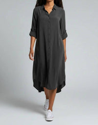 Mododoc - Roll Up Sleeve Button-up Midi Shirt Dress