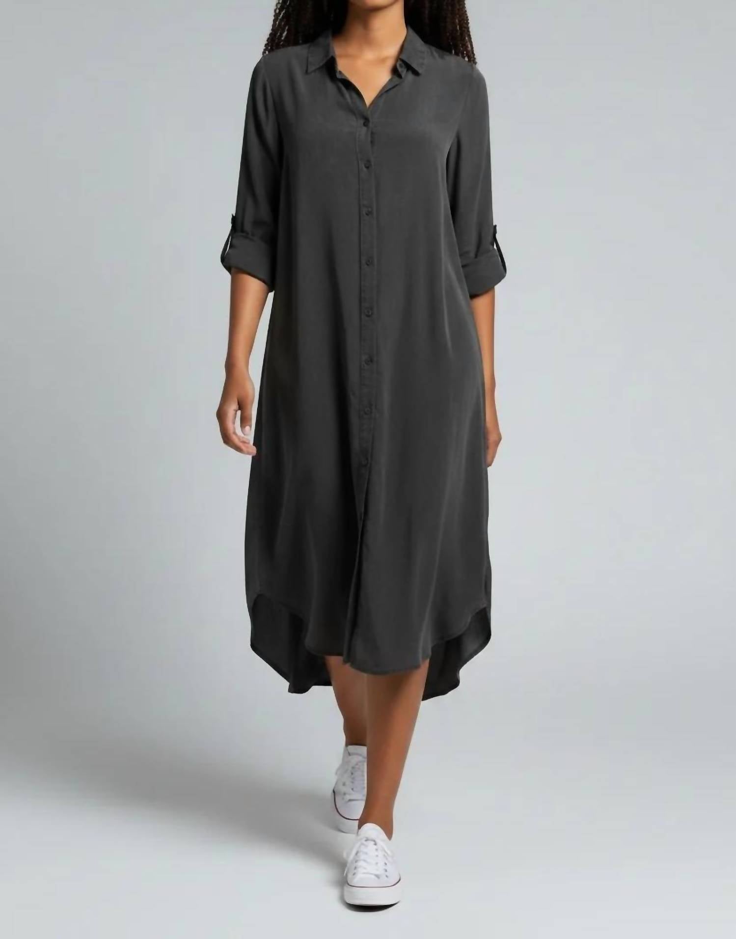 Mododoc - Roll Up Sleeve Button-up Midi Shirt Dress