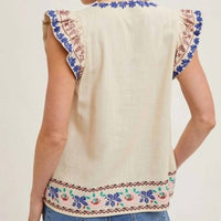 Bluivy - Boho Embroidered Ruffled Sleeve Tasseled Drawstring Top Linen Blend