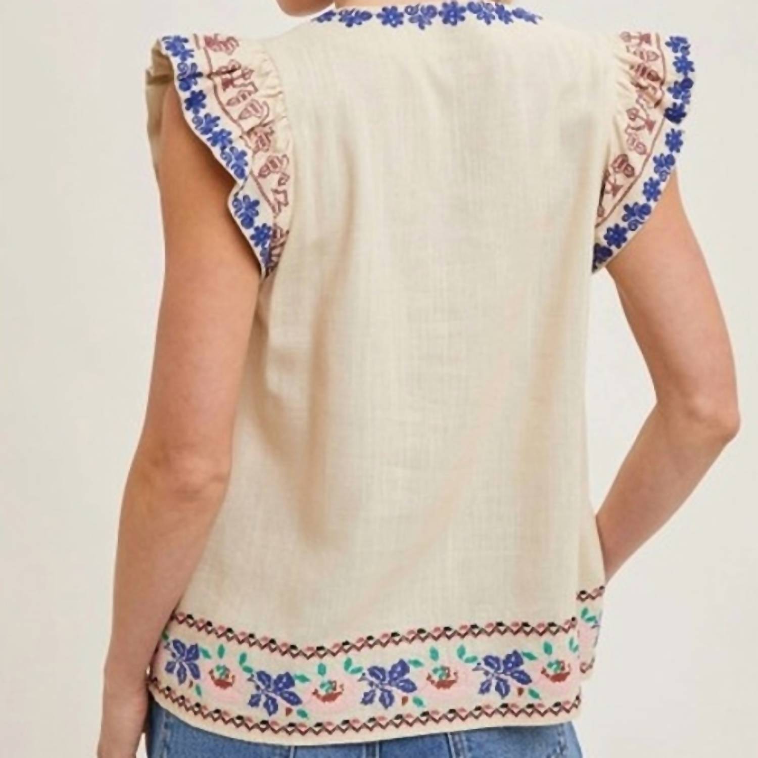 Bluivy - Boho Embroidered Ruffled Sleeve Tasseled Drawstring Top Linen Blend