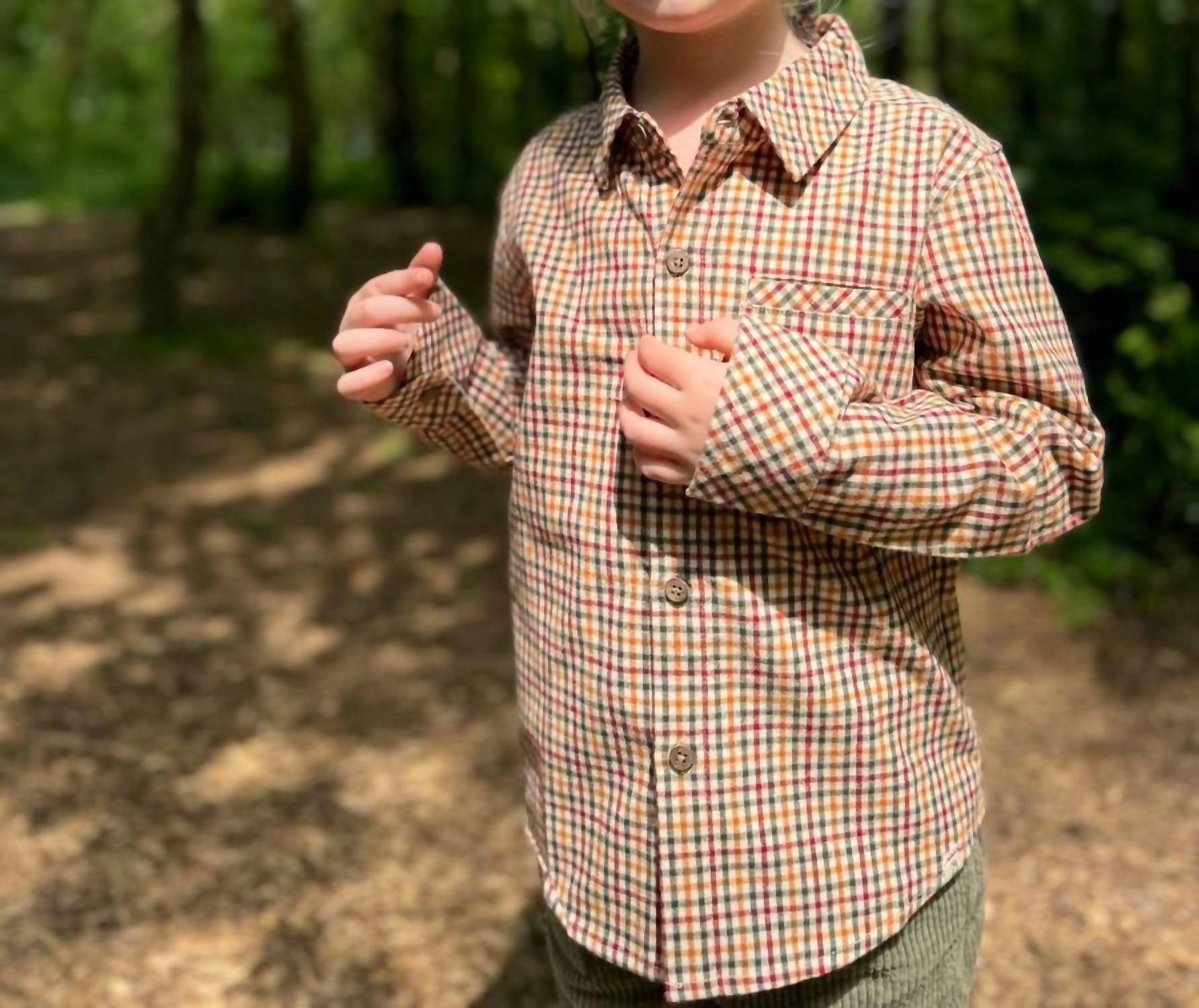 ME & HENRY Kid's Atwood Woven Shirt in gold plaid - kids' long sleeve top - detail view