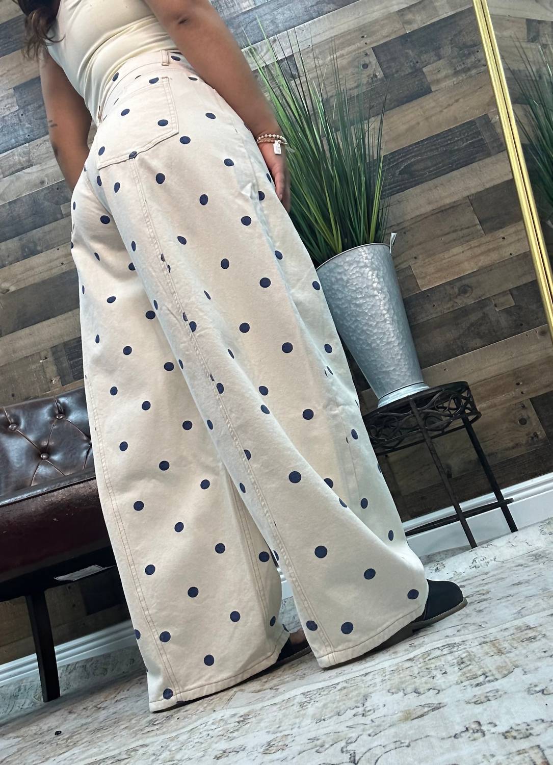Peach Love Women's Polka Dot Gypsy Fit Pants in blue - women's pants - detail view