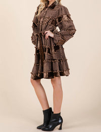 GEEGEE Velvet Grid Pom-Pom Dress in brown - women's dress - view 4