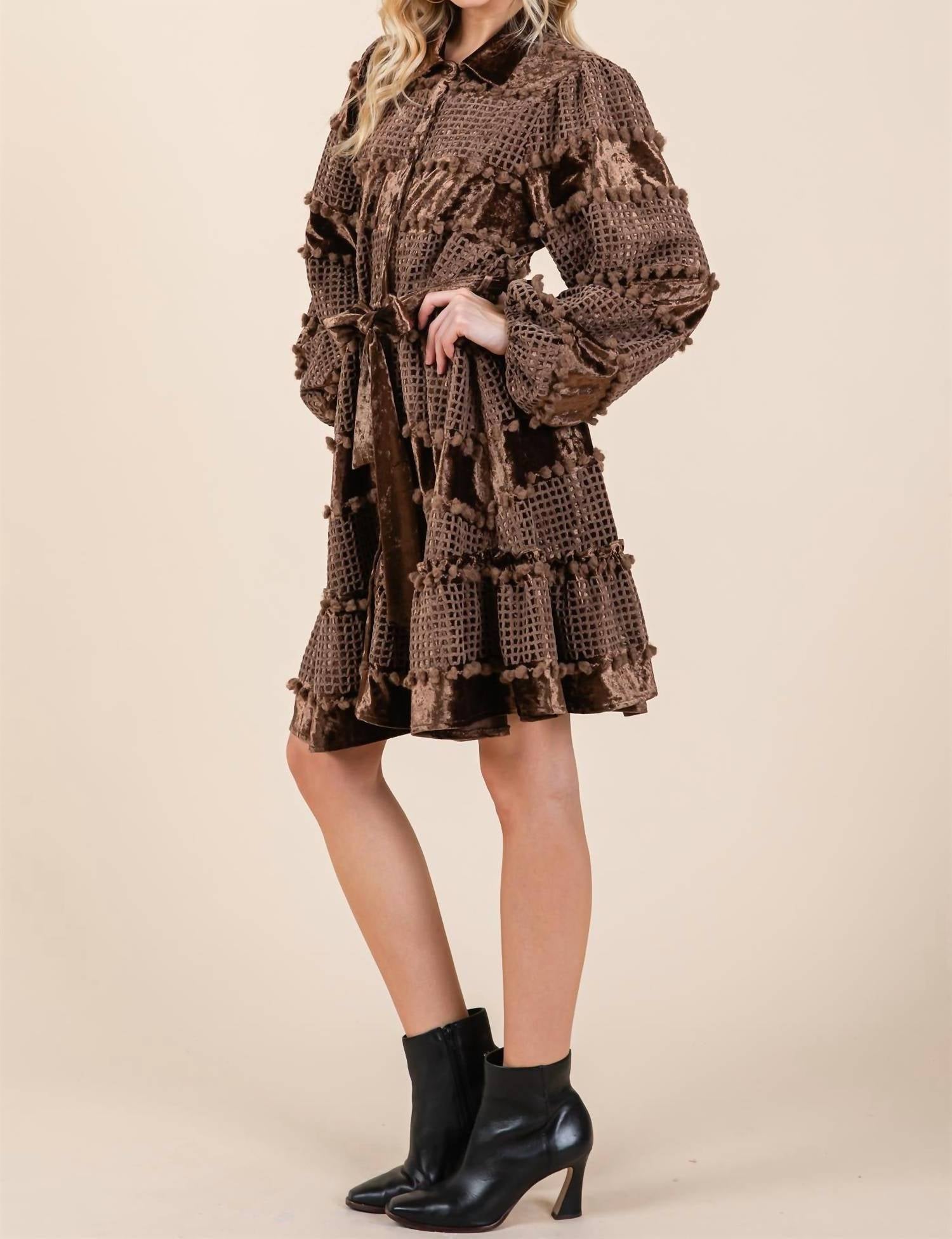 GEEGEE Velvet Grid Pom-Pom Dress in brown - women's dress - view 4