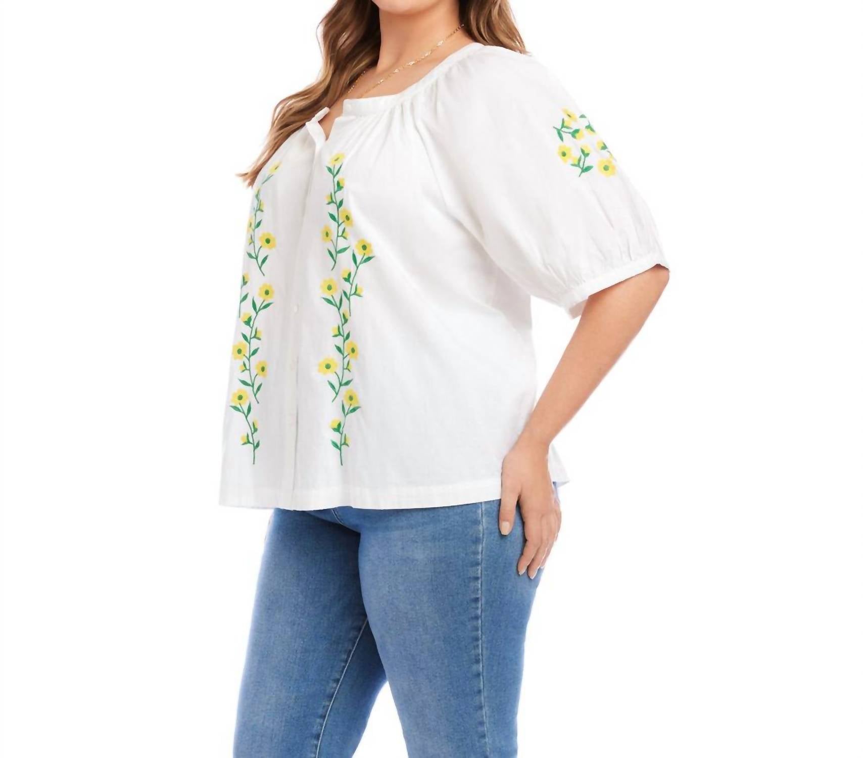 Karen Kane Puff Sleeve Embroidered Peasant Top - Plus in off white - women's t-shirt - alternate view