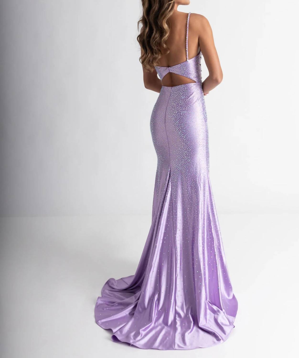 Rachel Allan Glistening Crystal V-neck Prom Dress in lilac - women's dress - detail view