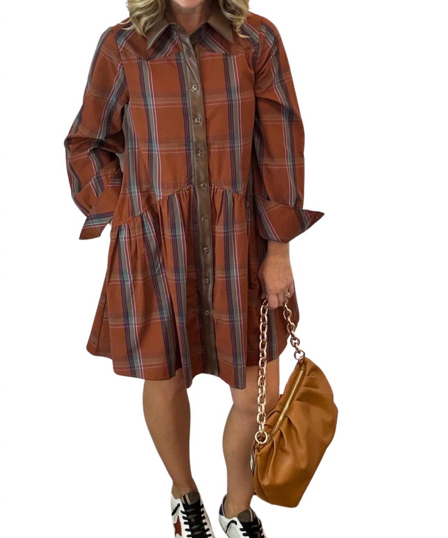 Thml - Plaid Contrast Leather Button Dress