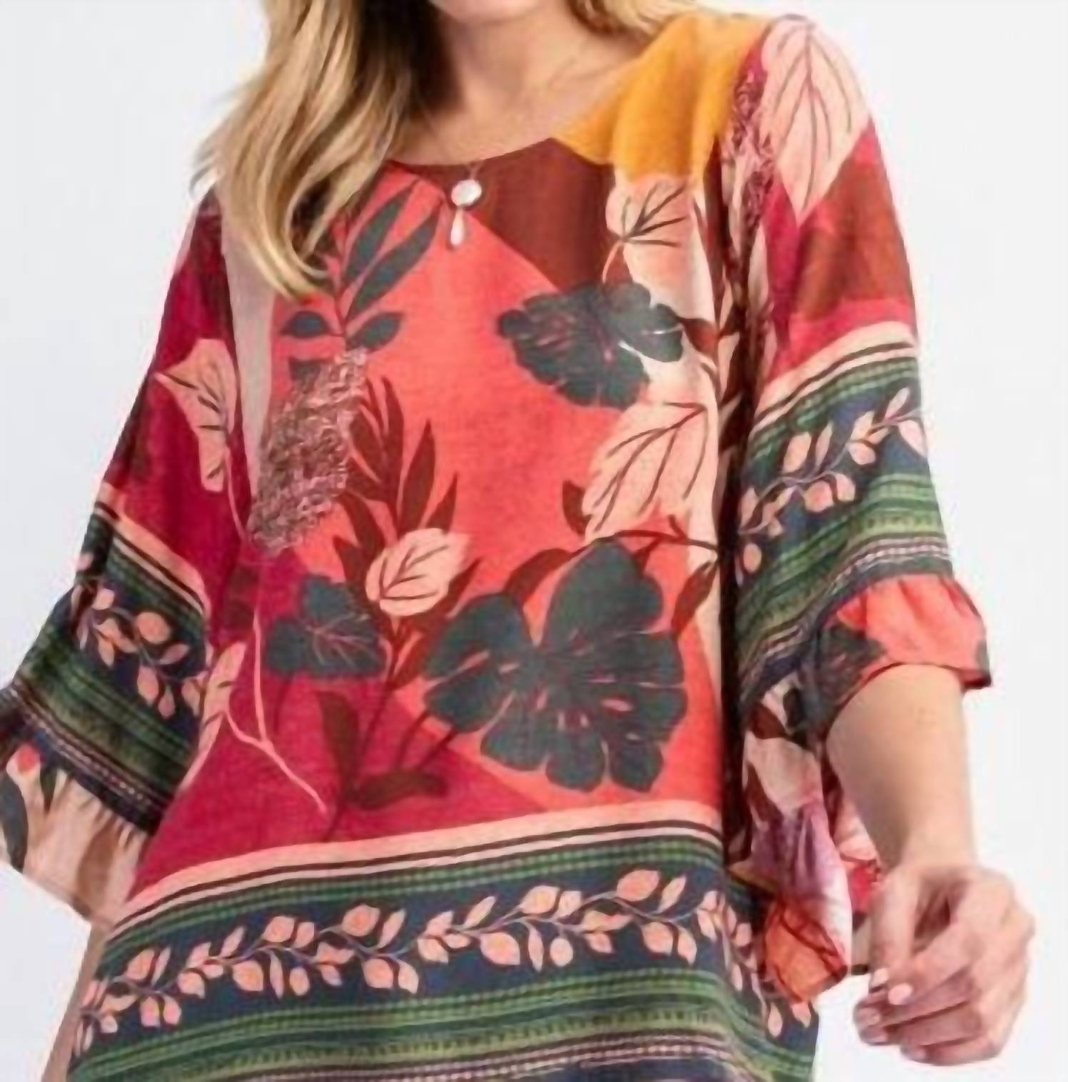 Easel Border Printed Rayon Challis Woven Top in rose green - women's blouse
