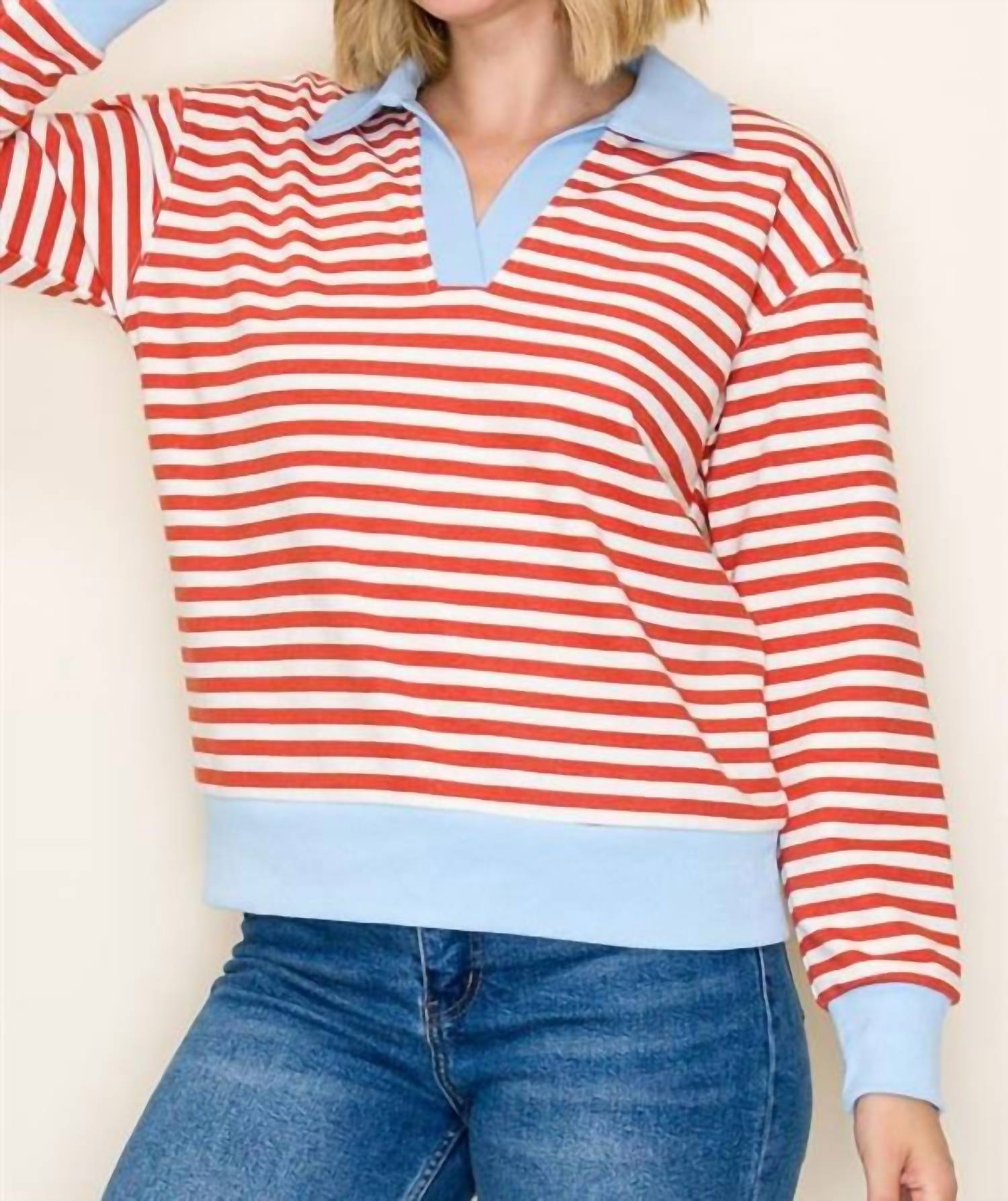 STACCATO Turner Striped Collared Top in orange - women's long sleeve top - alternate view