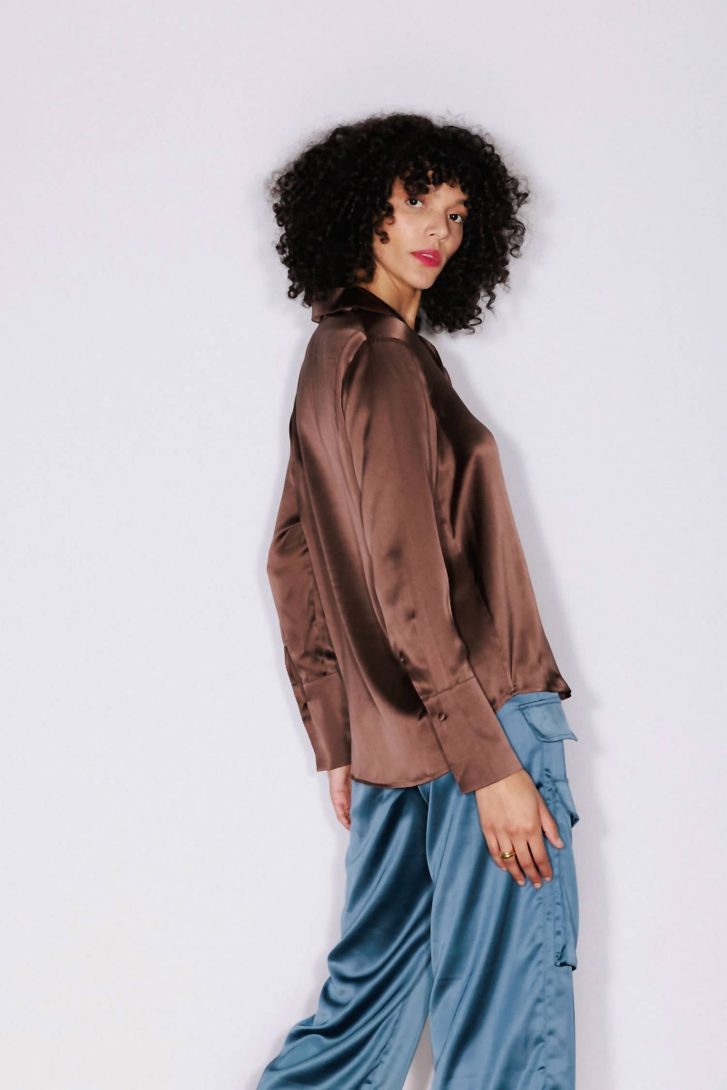 catherine gee Daria French Cuff Silk Blouse in coffee - women's blouse - alternate view