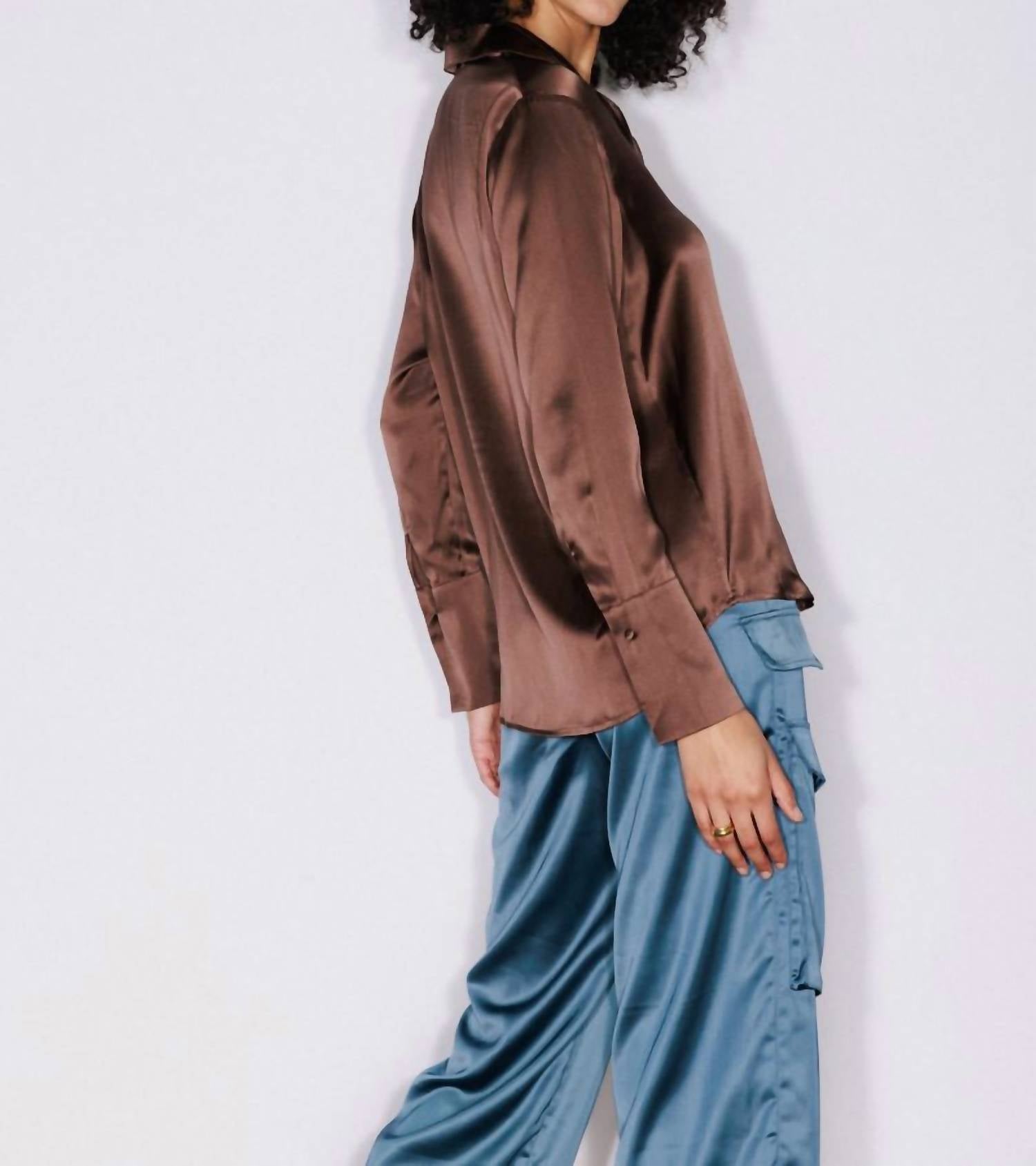 catherine gee Daria French Cuff Silk Blouse in coffee - women's blouse - detail view