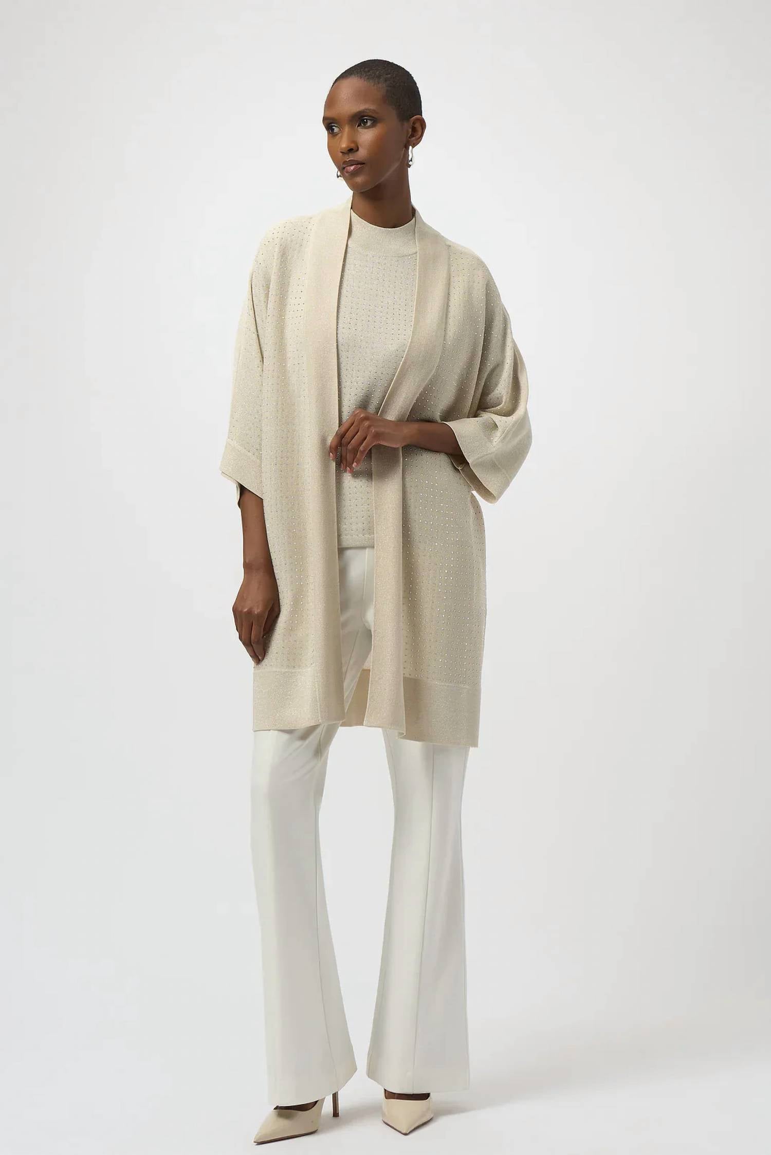 Joseph Ribkoff - Embellished 3/4 Sleeves Bouclé Open Front Jacket