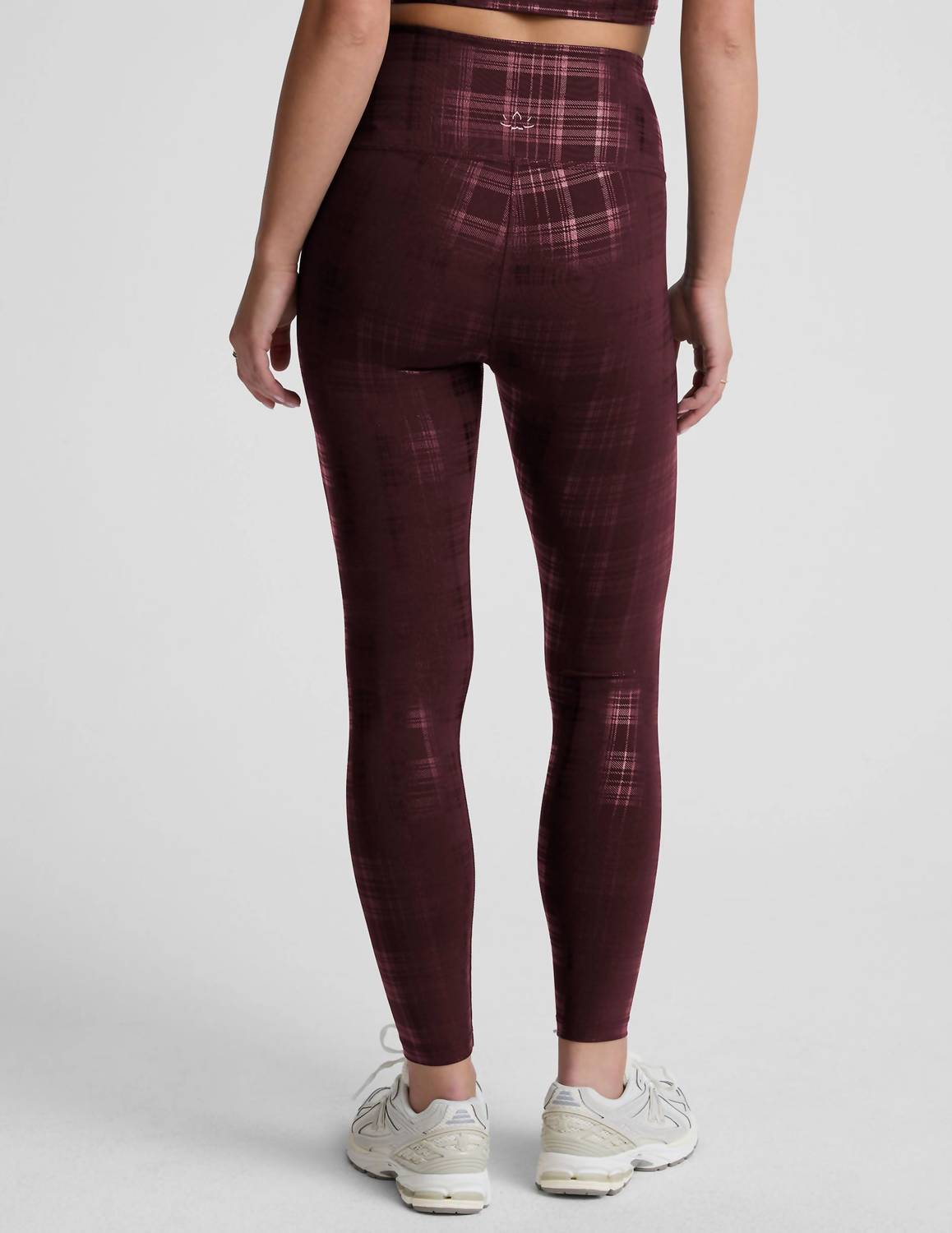BEYOND YOGA High Waisted Midi Legging in plaid foil burgundy - women's pants - detail view