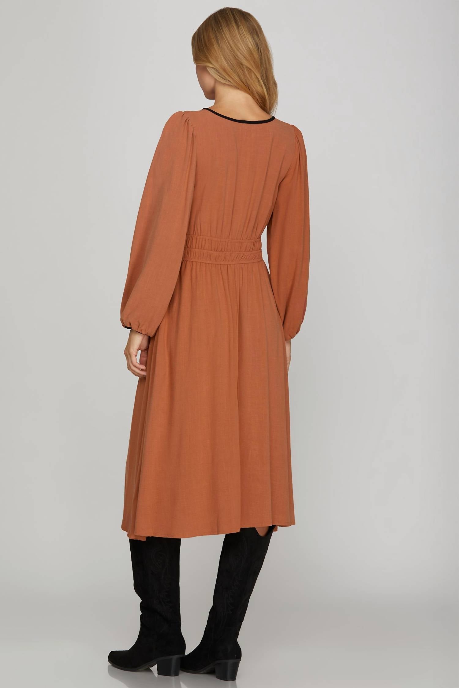 She + Sky - Long Sleeve Woven Midi Dress