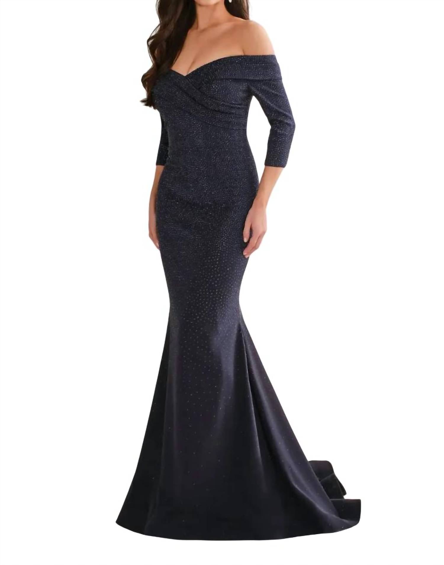 Montage by Mon Cheri Off The Shoulder Sparkle Dress in navy blue - women's dress