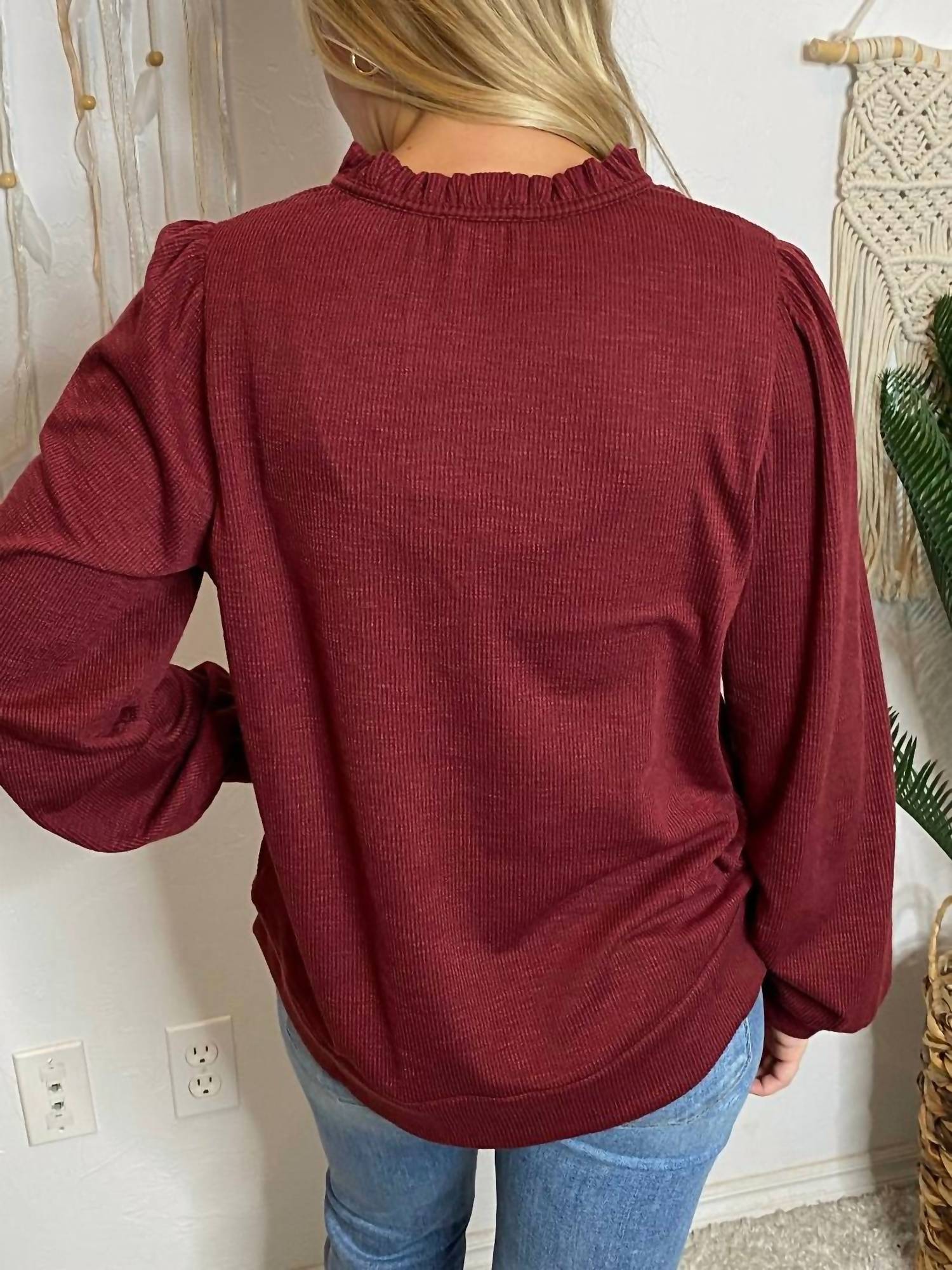 Jodifl Ribbed Henley Tee With Ruffle Neck in burgundy - women's long sleeve top - detail view