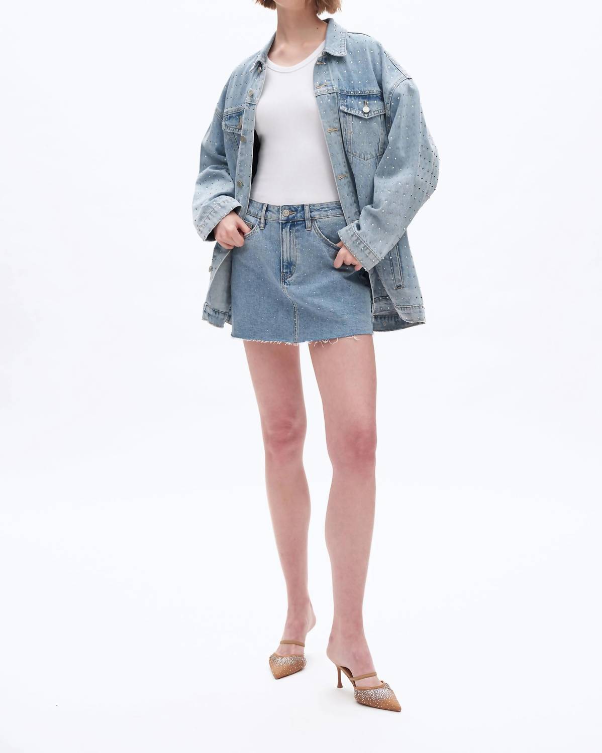 Bayeas - Mid Rise Rhinestone Denim Mini Skirt