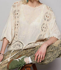 Pol - Round Neck Short Sleeve Floral Embroidery Top