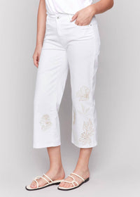 CHARLIE B Floral Embroidered Cropped Flare Twill Pants in white - women's jeans - detail view