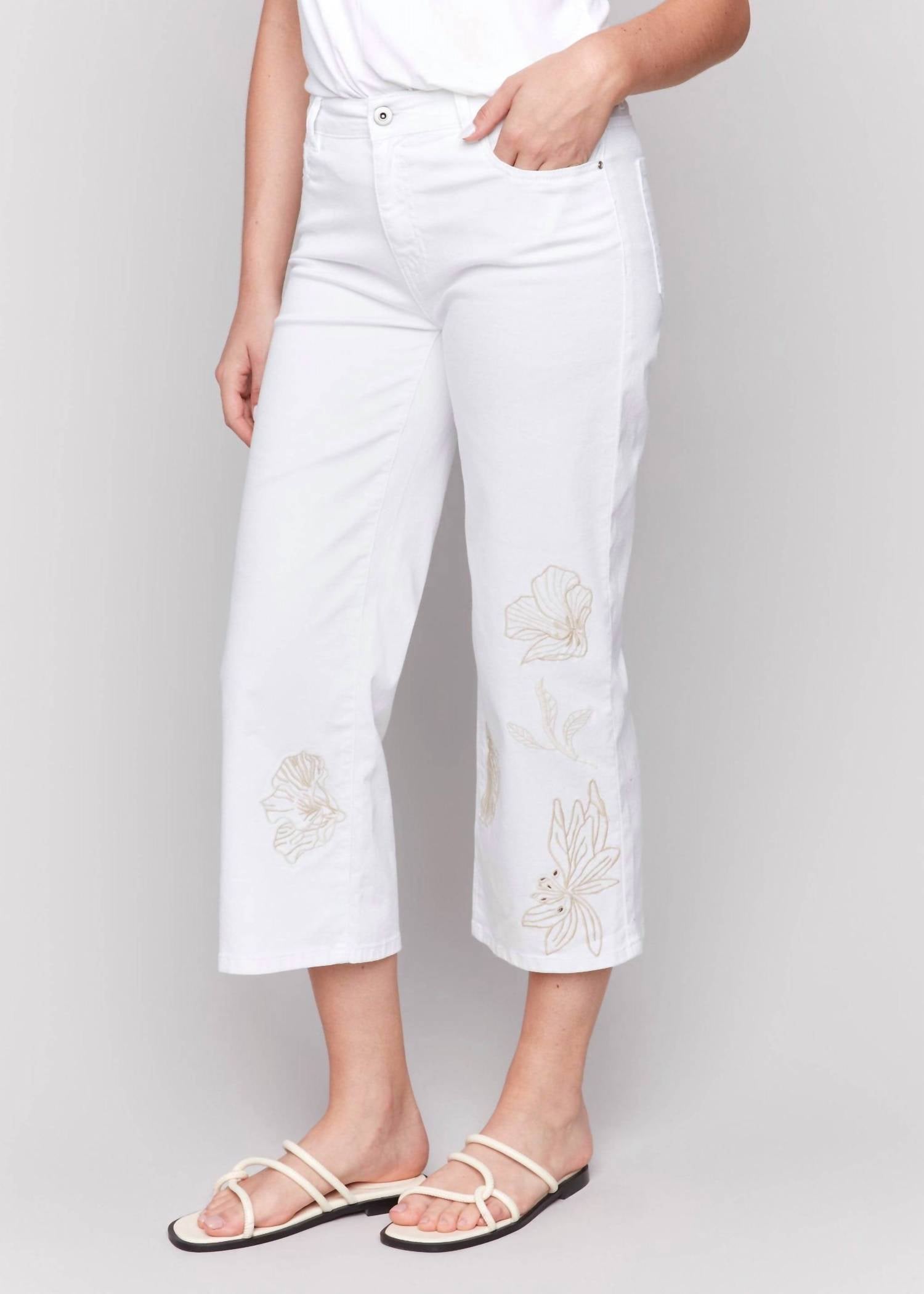 CHARLIE B Floral Embroidered Cropped Flare Twill Pants in white - women's jeans - detail view