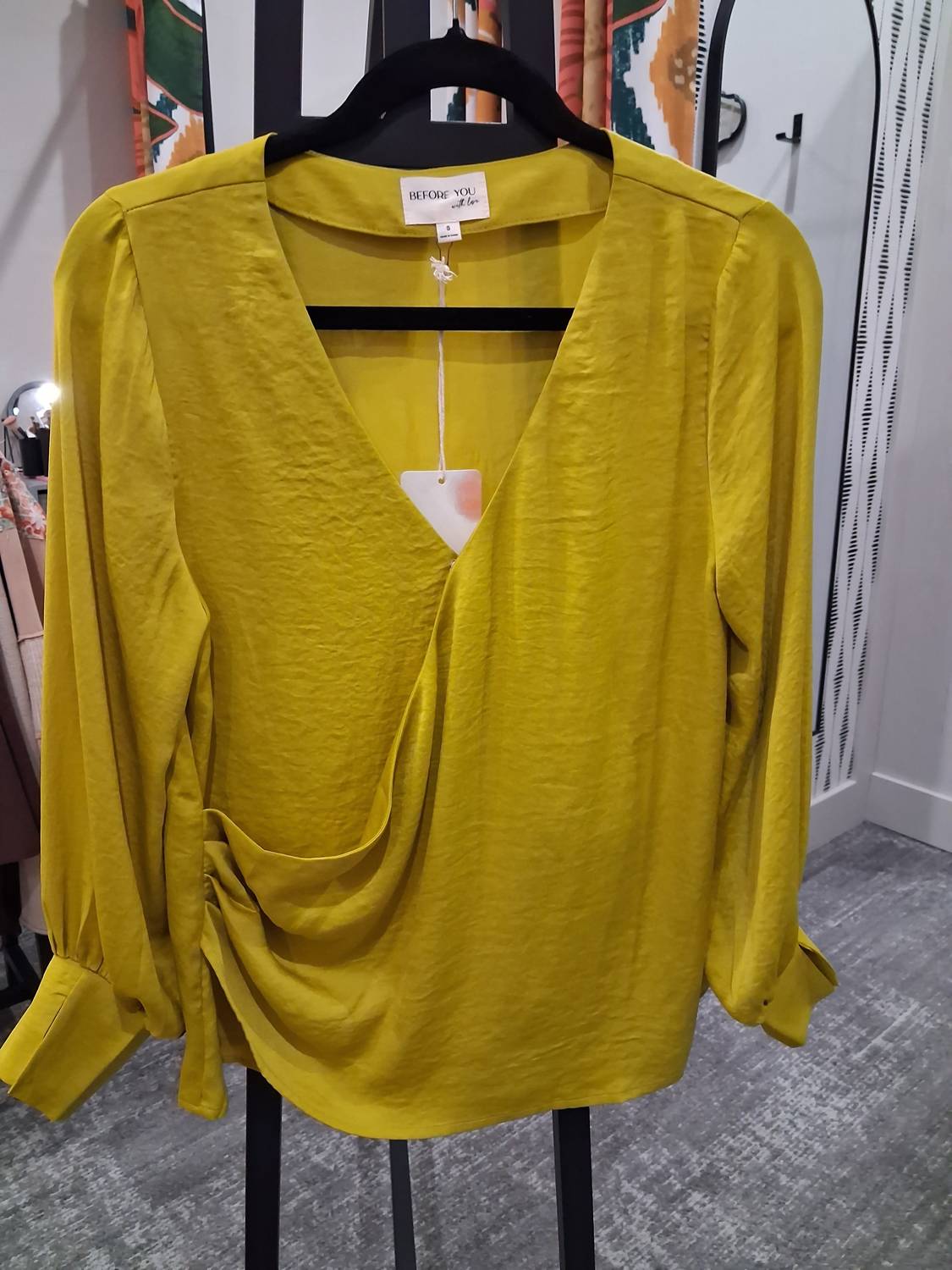 Before You Collection Women's Satin V-neck Top in mustard - women's blouse