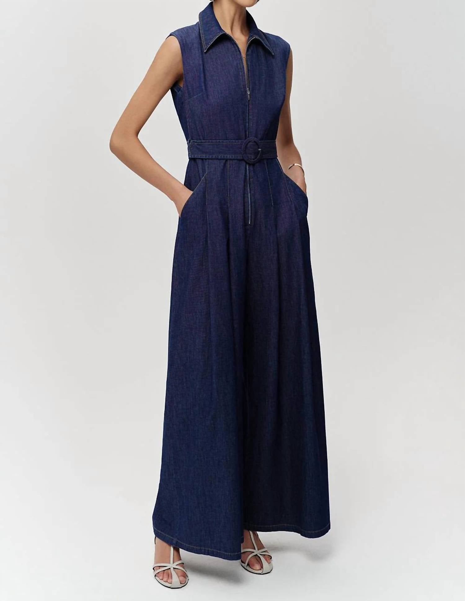 Exquise - Keith Sleeveless Front Zipper Belted Denim Jumpsuit