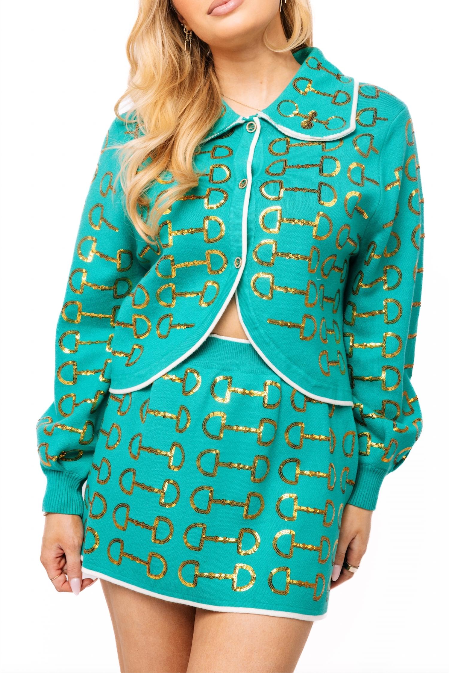 QUEEN OF SPARKLES Horse Bit Button Up Knit Collar Sweater in mint gold - women's shirt
