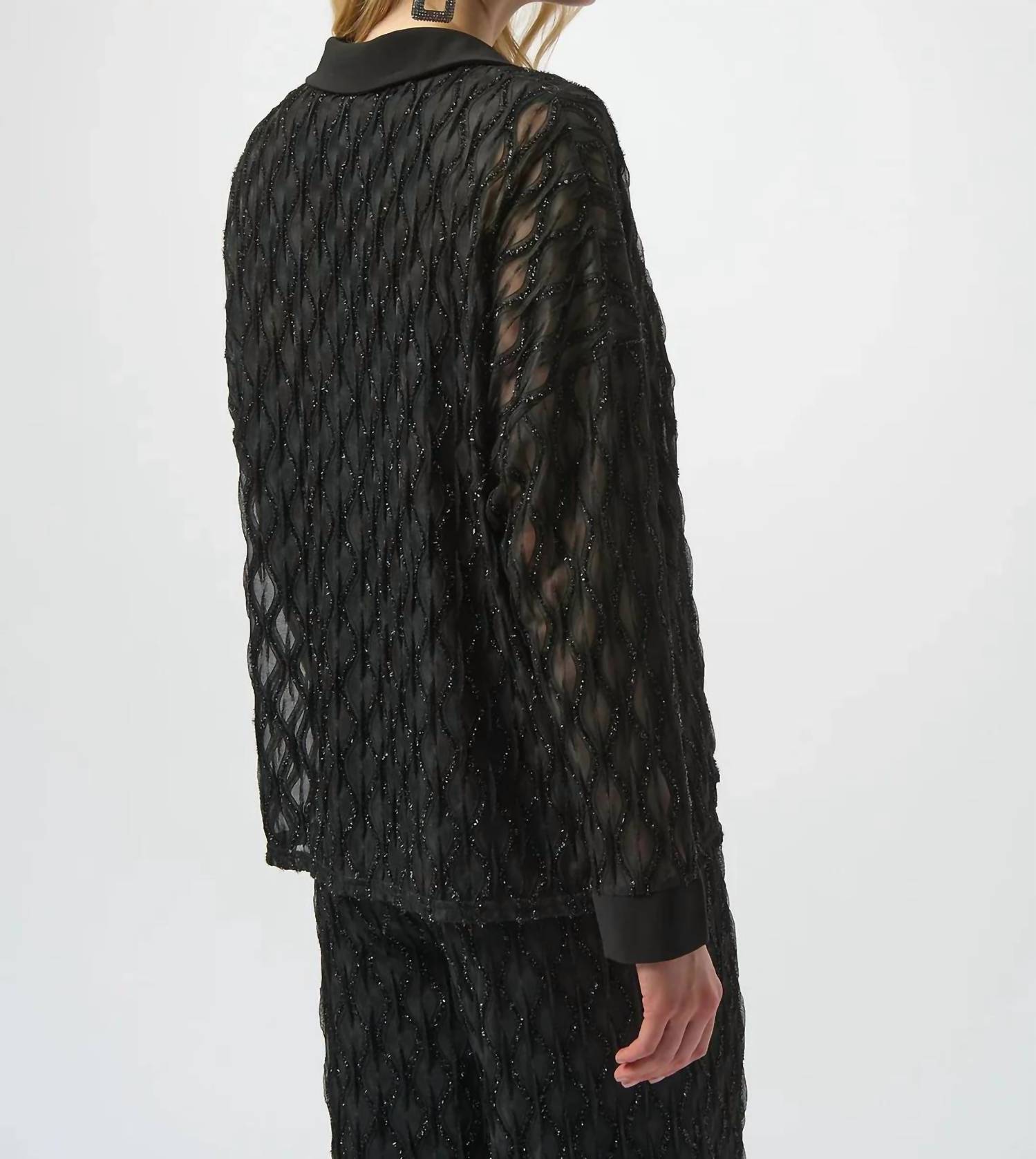 Joseph Ribkoff - Beaded V-neck Collared Long Sleeve Top