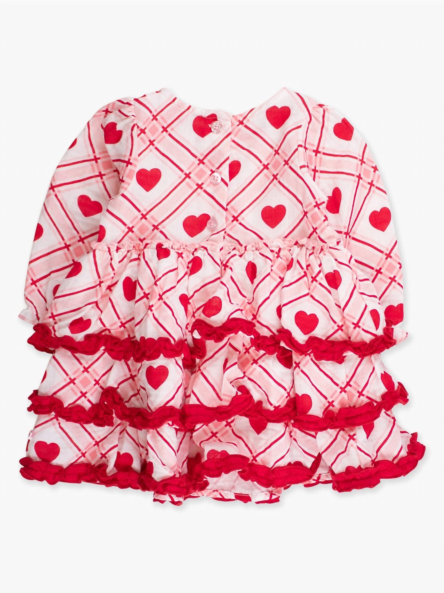 RuffleButts Girl's Sweetheart Plaid Gauze Tiered Ruffle Dress in pink - kids' dress - detail view