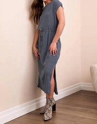 Tribal - Two Toned Crinkle Knit Belted Midi Dress