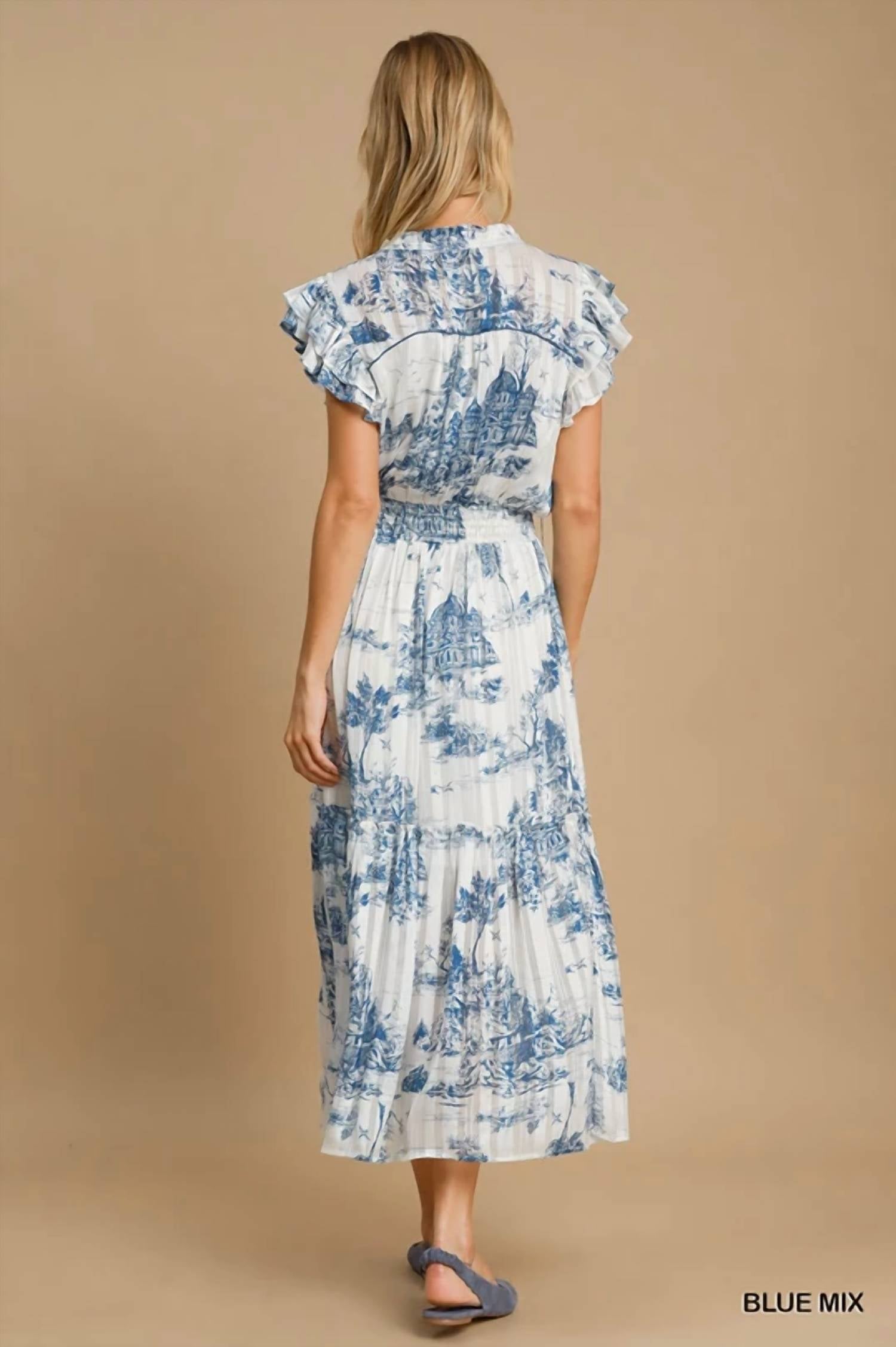 Umgee - Two Tone Landscape Print Midi Dress