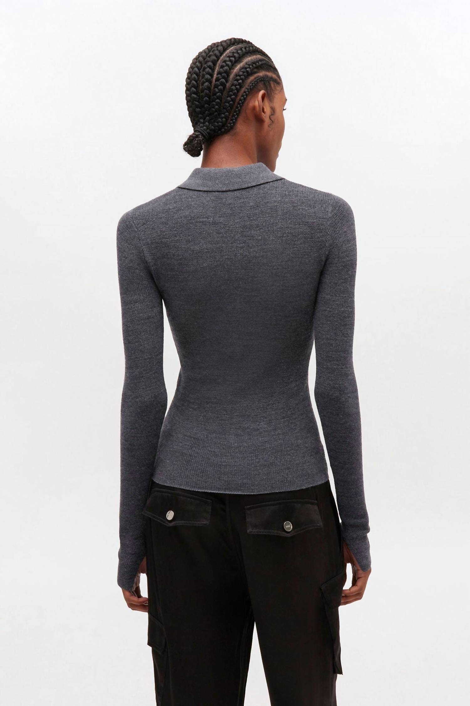 GANNI Fine Merino Jacquard Polo in dark grey - women's long sleeve top - alternate view
