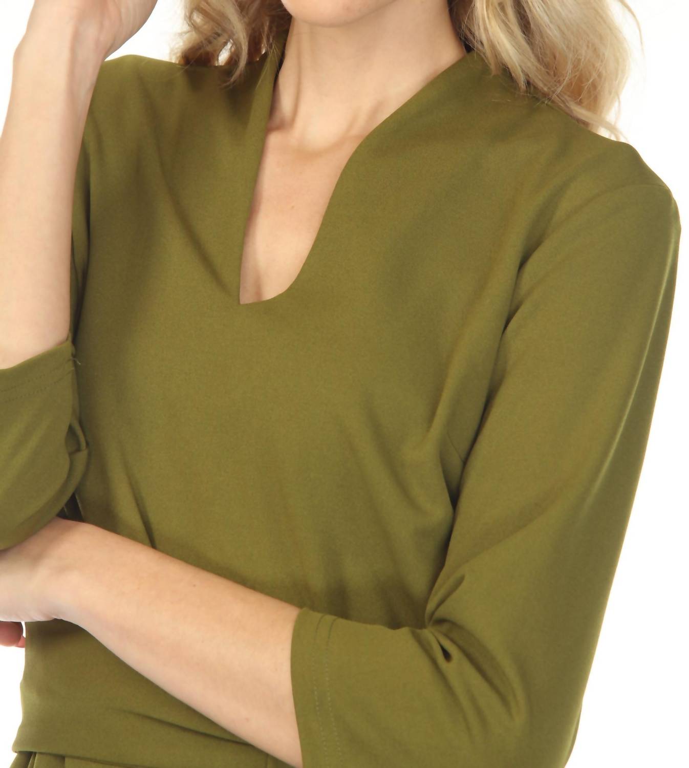 Joseph Ribkoff Belted V-neck Three Quarter Sleeve Mini Dress in artichoke green - women's dress - view 5