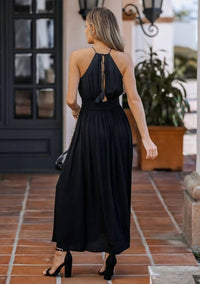 Lovestitch - High Neck Long Sleeve Beaded Open Back Maxi Dress