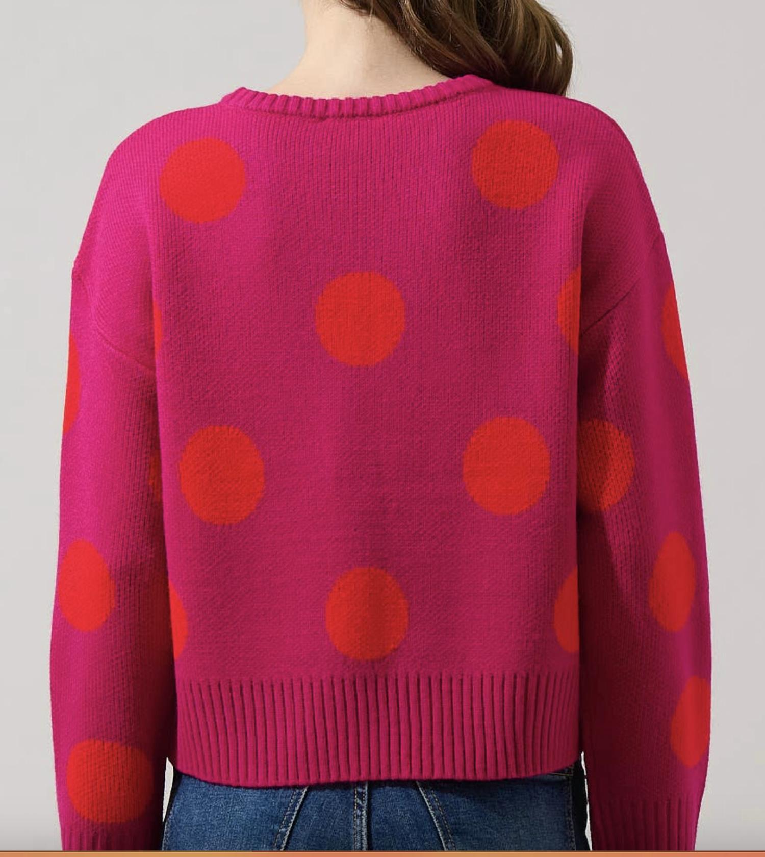SUGARLIPS Yeti Polka Dot Sweater in fuschia - women's sweater - detail view