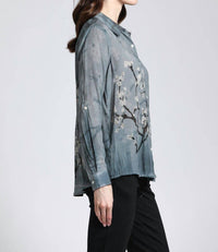 APNY Blossom Print Button Up With Roll Sleeve Shirt in graphite plum - women's shirt - detail view
