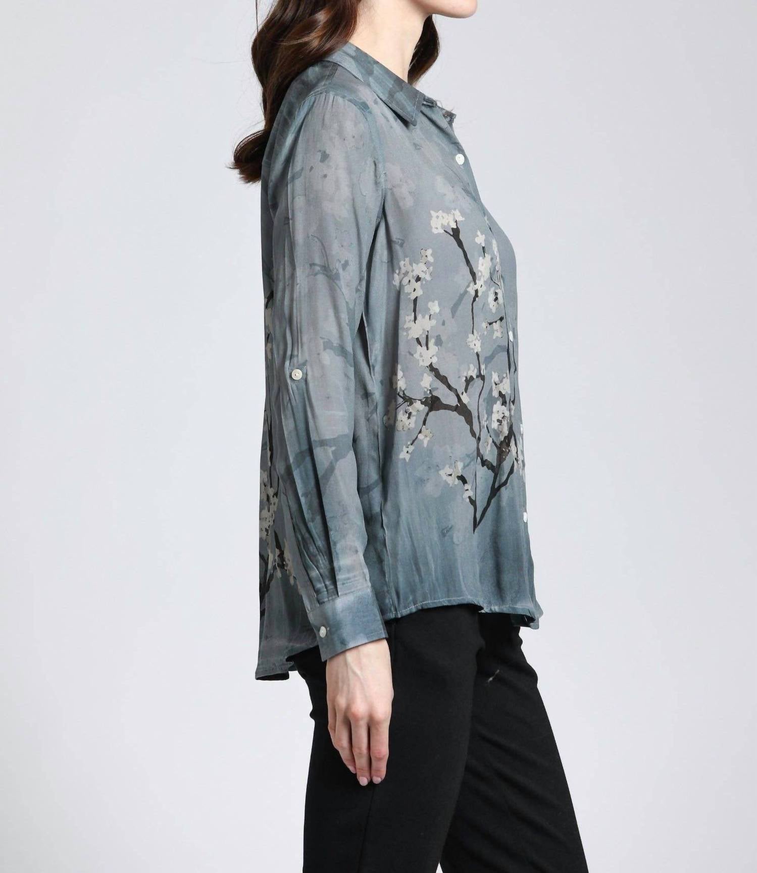 APNY Blossom Print Button Up With Roll Sleeve Shirt in graphite plum - women's shirt - detail view