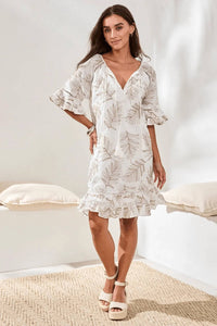 Tribal - Textured Eyelet Flutter Sleeves Midi Dress