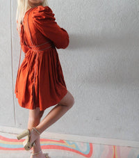V NECK TRIM DETAIL PUFF SLEEVE MINI DRESS