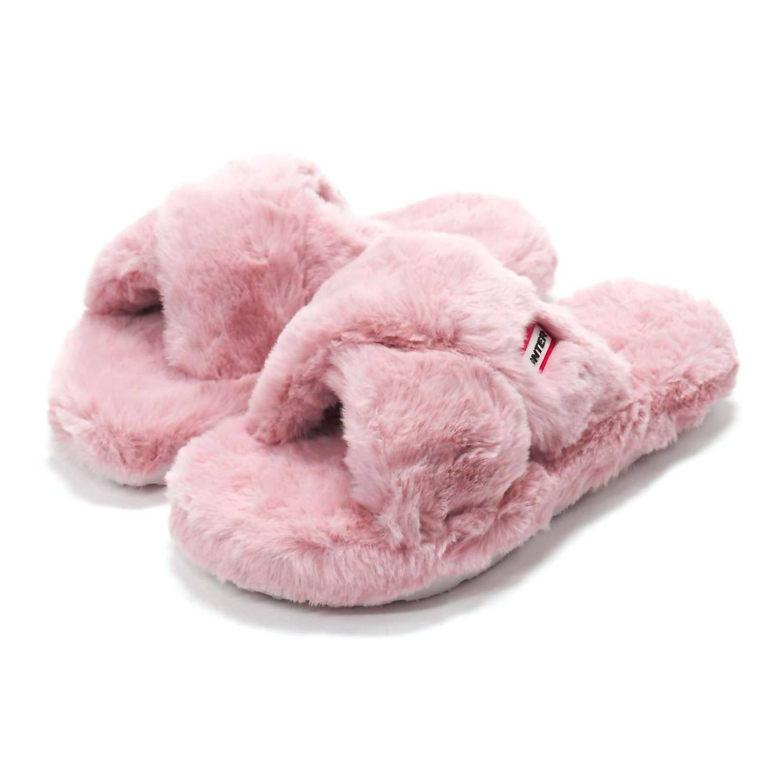 HUNTER Women's Faux Fur Flatform Crossover Slides in azalea pink - women's shoe